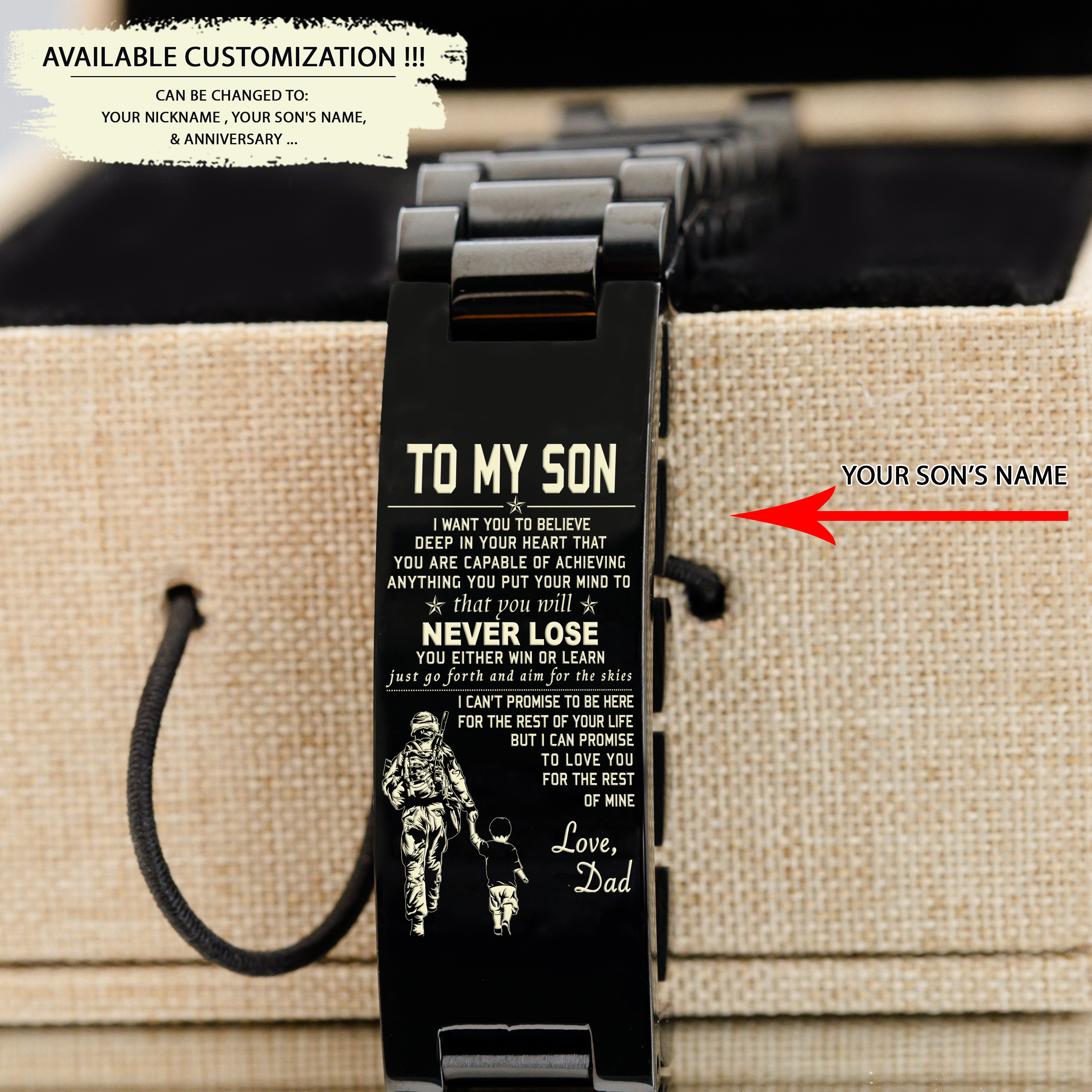 TM3 - To My Son- Never Lose- Goku- Spartan- Soldier -Engraved Bracelet All Style