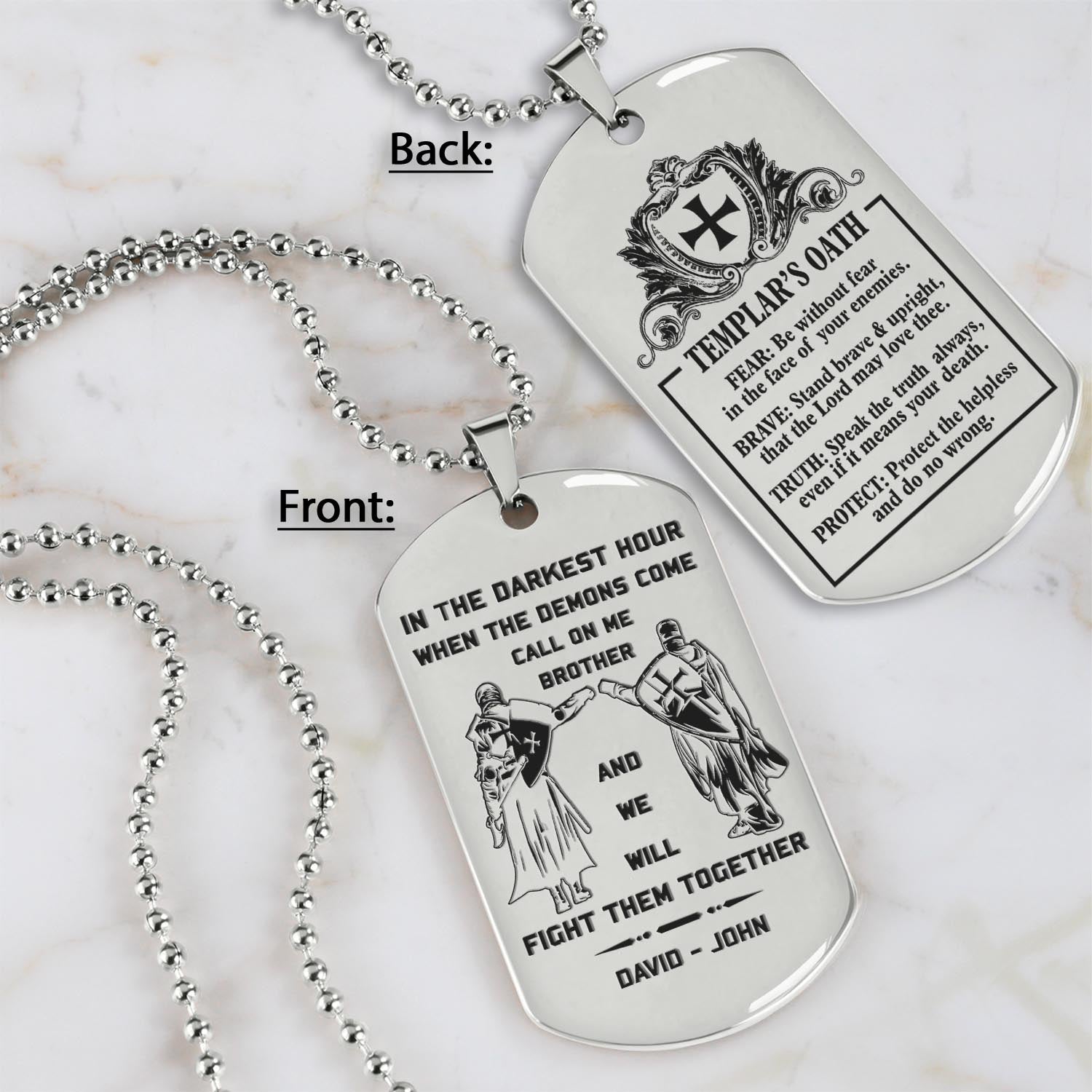 KN1 -Call on me Brother -Knight Templar - Engraved Dog Necklace All Style