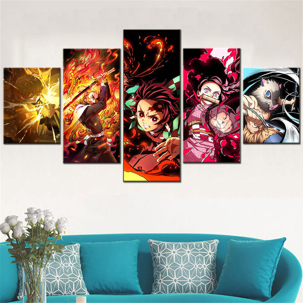 Demon Slayer - Kimetsu no Yaiba - 5 Pieces Wall Art - Zenitsu Agatsuma - Kyojuro Rengoku - Tanjiro Kamado - Nezuko Kamado - Inosuke Hashibira - Demon Slayer Poster - Demon Slayer Wall Art