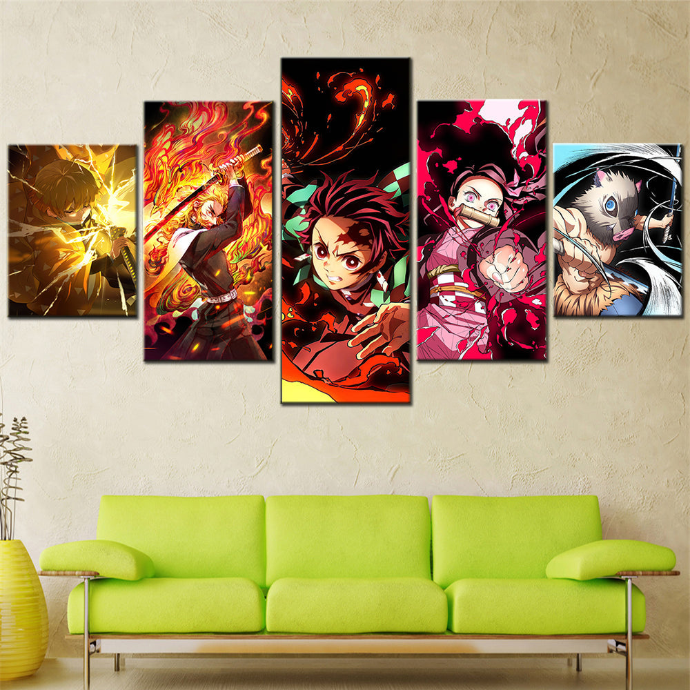 Demon Slayer - Kimetsu no Yaiba - 5 Pieces Wall Art - Zenitsu Agatsuma - Kyojuro Rengoku - Tanjiro Kamado - Nezuko Kamado - Inosuke Hashibira - Demon Slayer Poster - Demon Slayer Wall Art