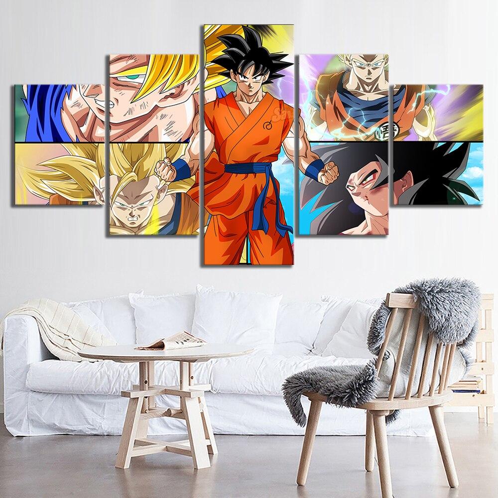 Dragon Ball - 5 Pieces Wall Art - Super Saiyan Goku - Printed Wall Pictures Home Decor - Dragon Ball Poster - Dragon Ball Canvas