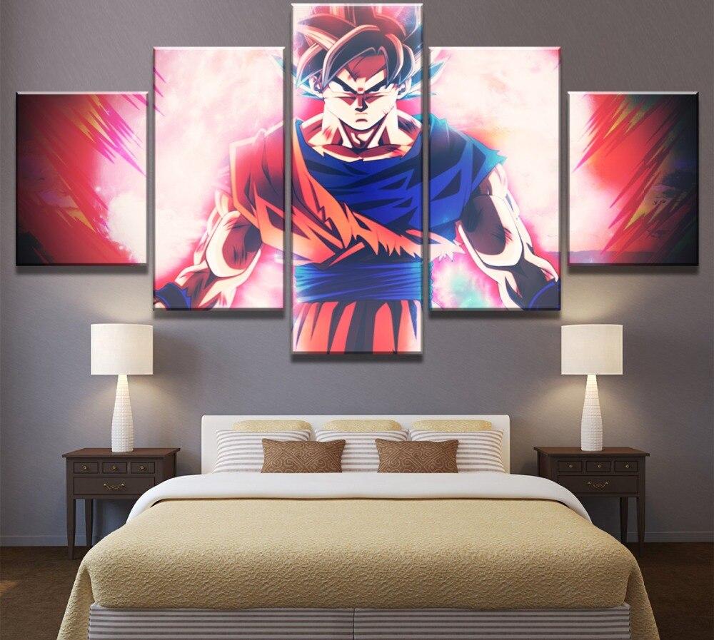 Dragon Ball - 5 Pieces Wall Art - Goku Super Saiyan God - Printed Wall Pictures Home Decor - Dragon Ball Poster - Dragon Ball Canvas