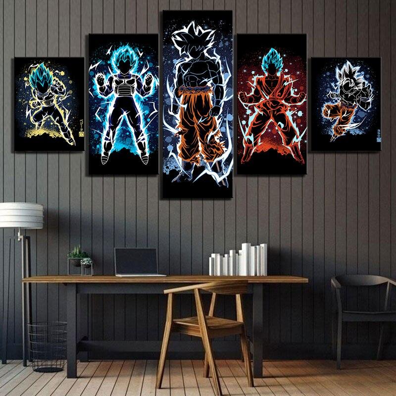 Dragon Ball - 5 Pieces Wall Art - Goku - Vegeta - Super Saiyan Blue - Mastered Ultra Instinct Goku - Printed Wall Pictures Home Decor - Dragon Ball Poster - Dragon Ball Canvas