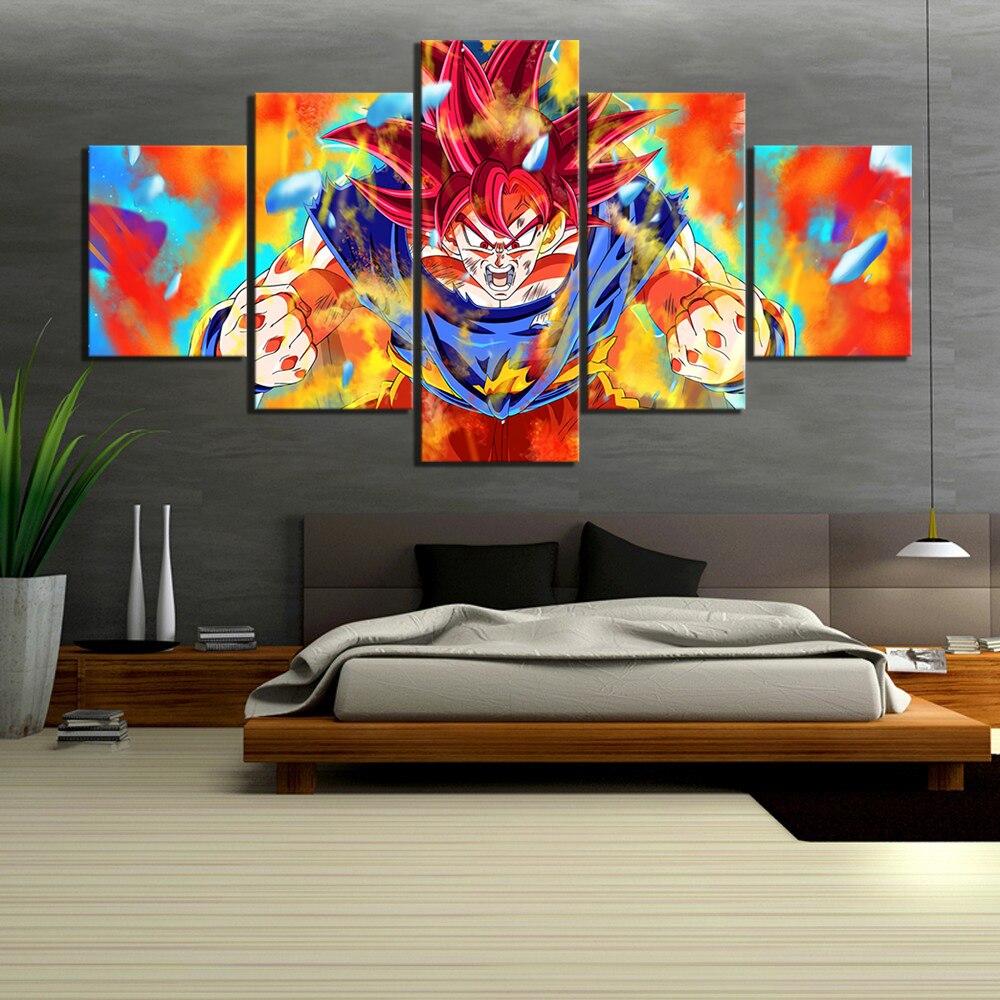 Dragon Ball - 5 Pieces Wall Art - Goku - Super Saiyan God - Printed Wall Pictures Home Decor - Dragon Ball Poster - Dragon Ball Canvas