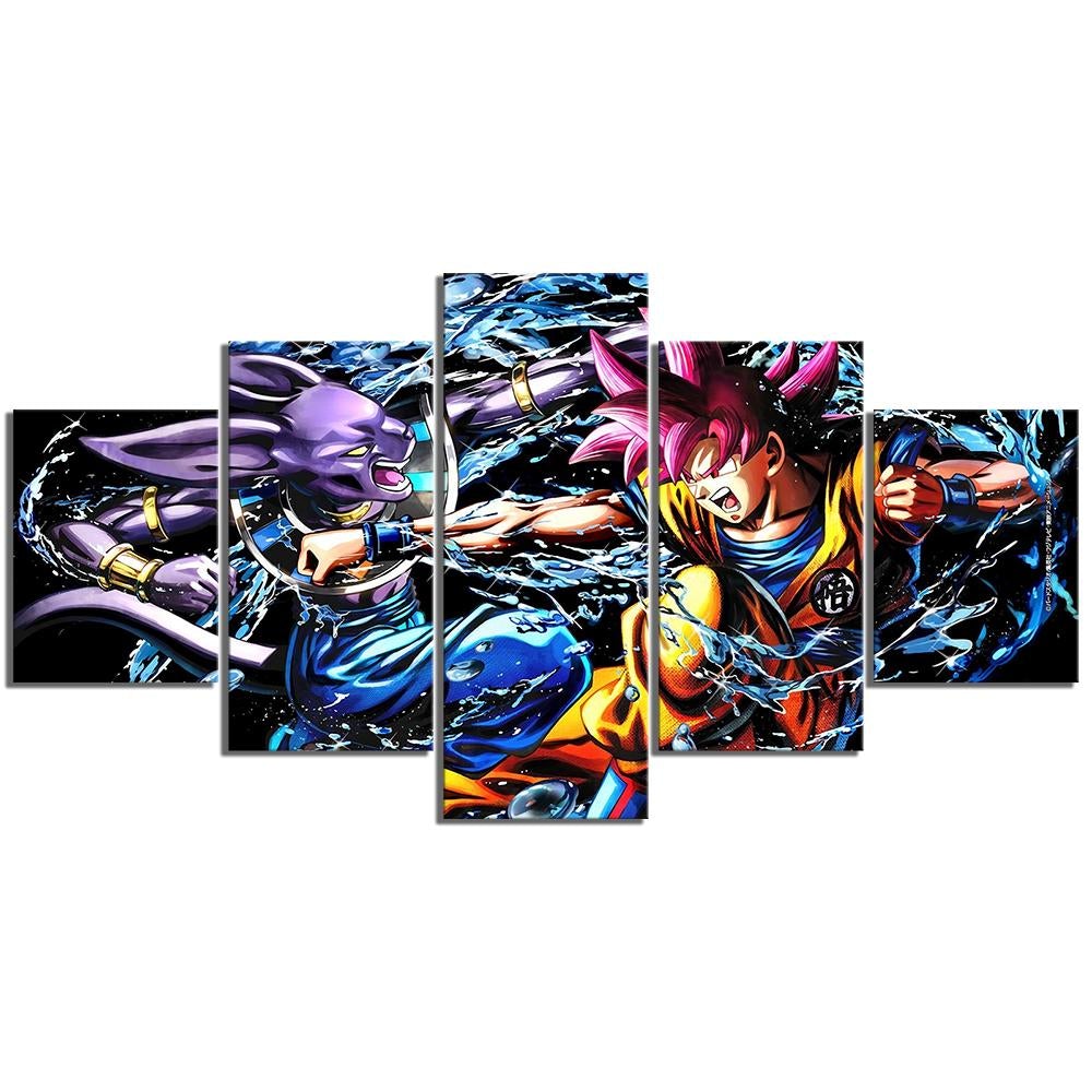 Dragon Ball - 5 Pieces Wall Art - Beerus - Goku Super Saiyan God - Fight - Printed Wall Pictures Home Decor - Dragon Ball Poster - Dragon Ball Canvas