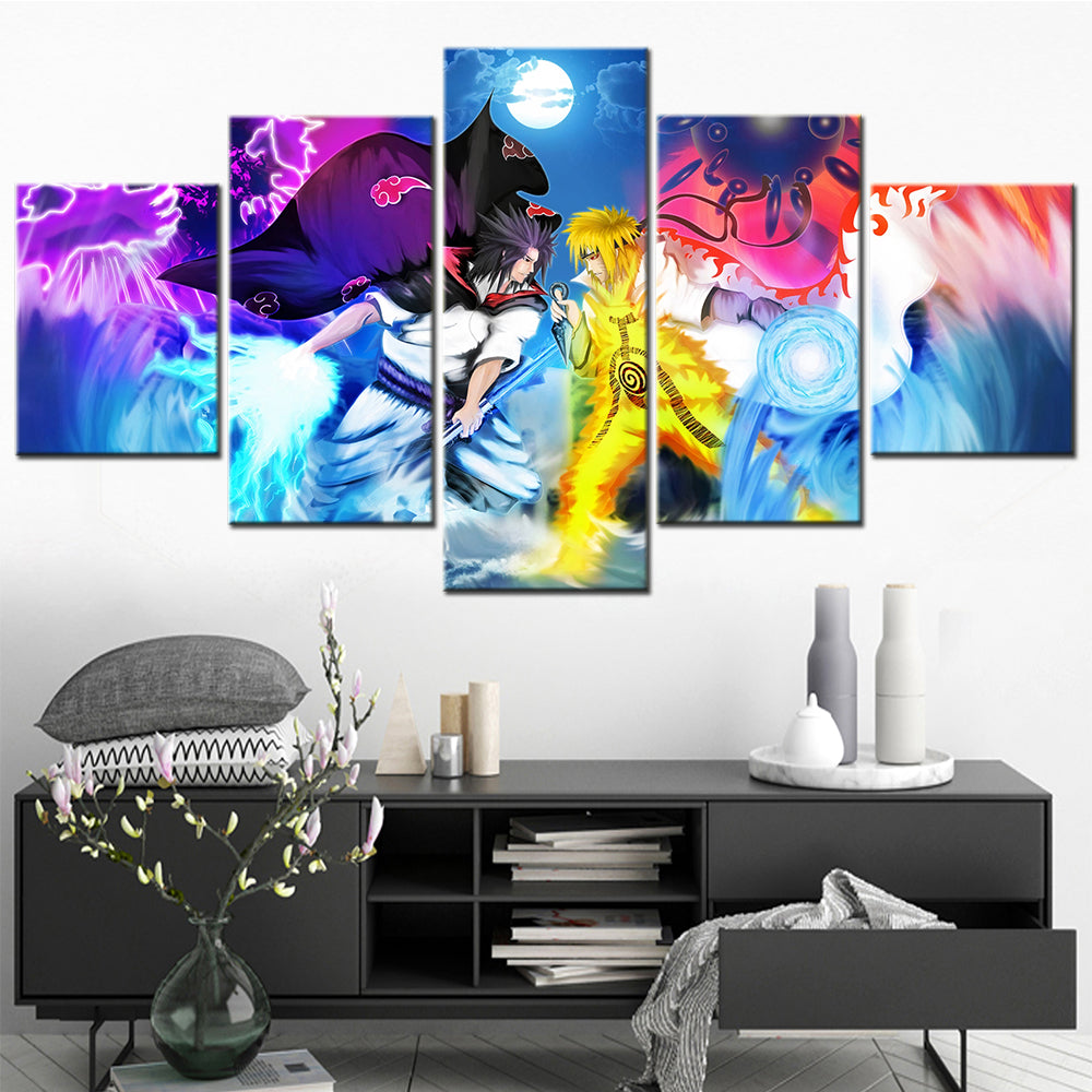 Naruto - 5 Pieces Wall Art - Uzumaki Naruto Vs Uchiha Sasuke - Master Character Training Pack - Printed Wall Pictures Home Decor - Naruto Poster - Naruto Canvas