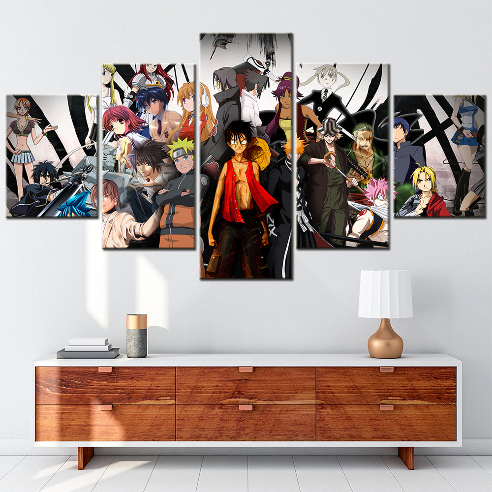 One Piece - 5 Pieces Wall Art - Monkey D. Luffy - Roronoa Zoro - Uzumaki Naruto - Hatake Kakashi - Printed Wall Pictures Home Decor - One Piece Poster - One Piece Canvas