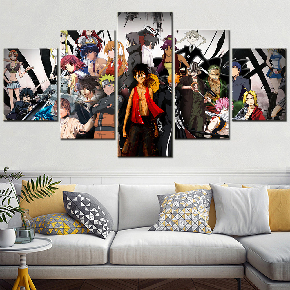 One Piece - 5 Pieces Wall Art - Monkey D. Luffy - Roronoa Zoro - Uzumaki Naruto - Hatake Kakashi - Printed Wall Pictures Home Decor - One Piece Poster - One Piece Canvas