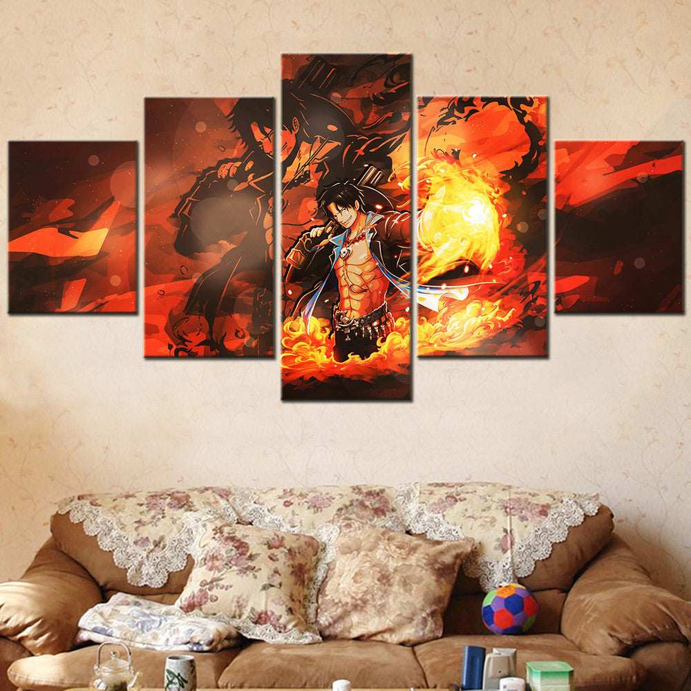 One Piece - 5 Pieces Wall Art - Portgas D. Ace 4 - Printed Wall Pictures Home Decor - One Piece Poster - One Piece Canvas