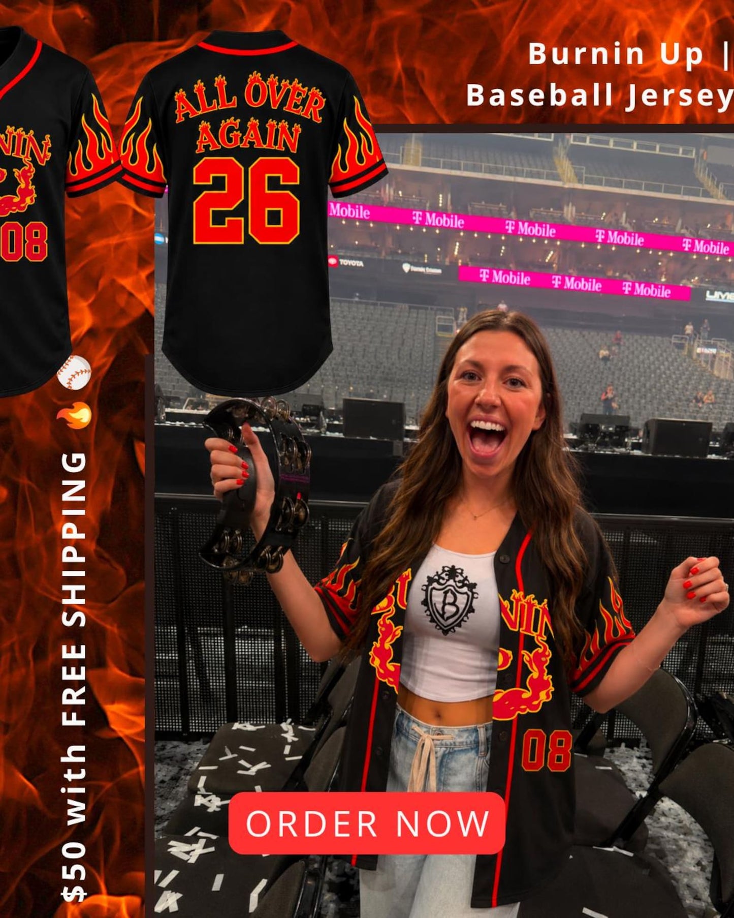 Burnin Up Baseball Jersey | Women’s All Over Again Concert Outfit | High Heels Red Dress Shirt
