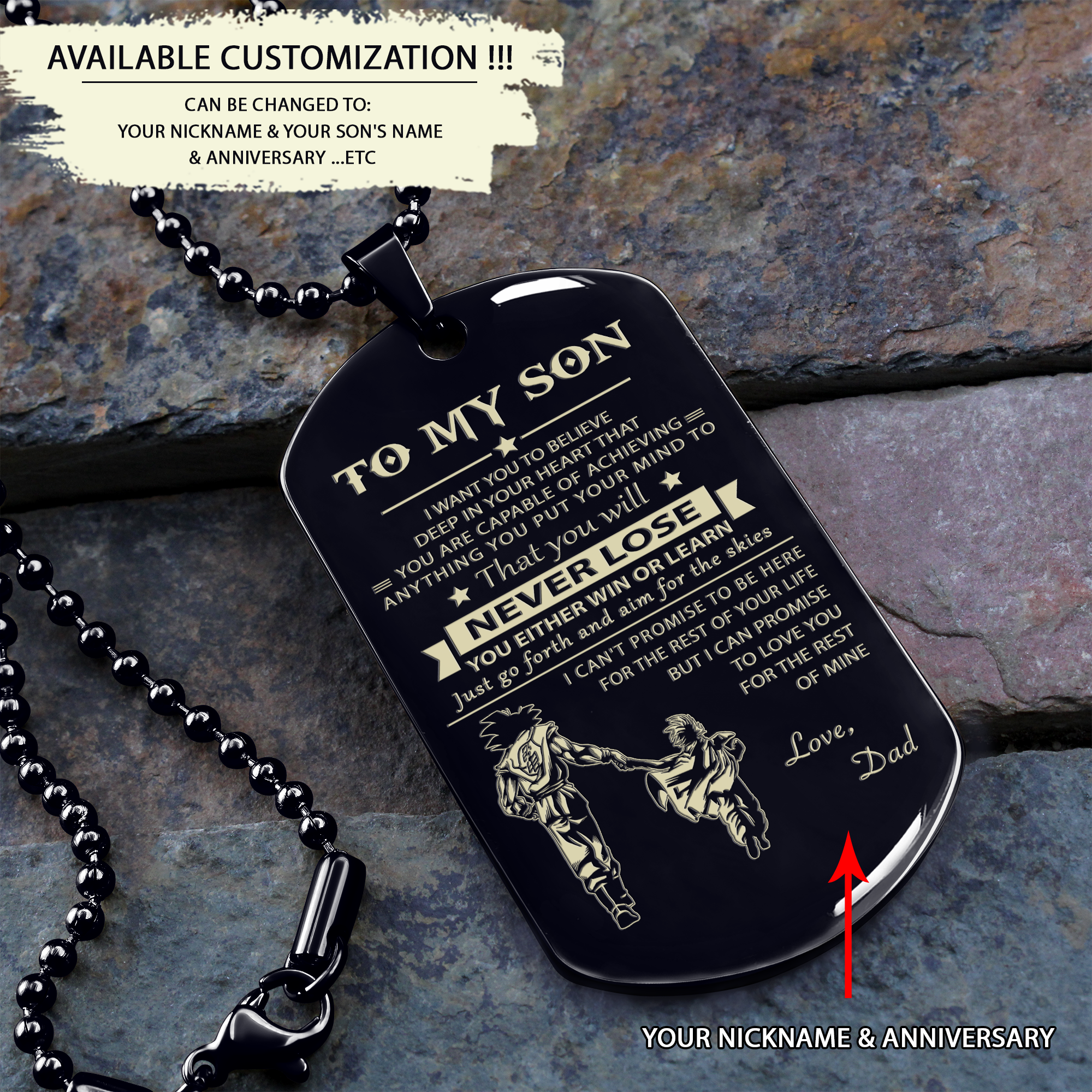 To My Son-Never Lose - Dragon ball - Goku Vegeta- Soldier - Engraved Dog Tag All Style