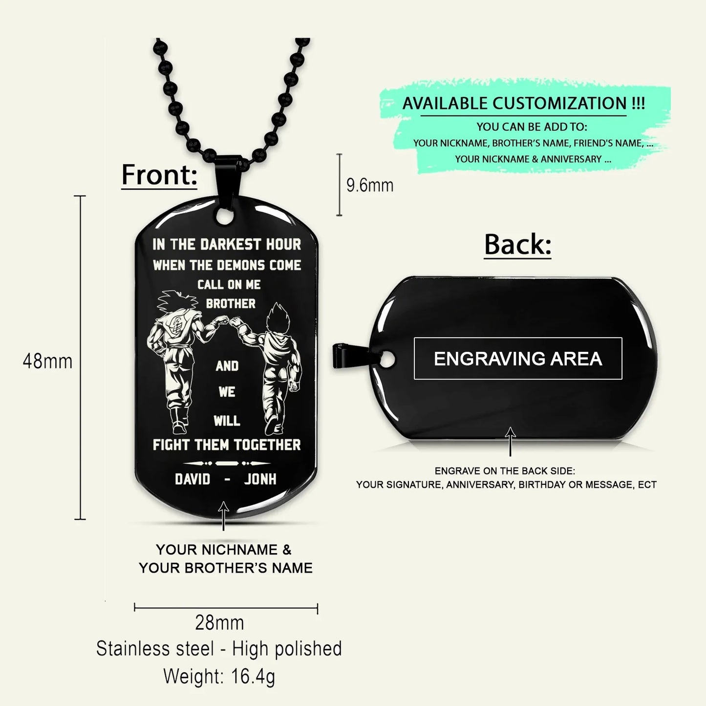 BR16 German Call on me Brother- Dragon ball - Goku Vegeta- Soldier - Naruto - Engraved Dog Tag All Style