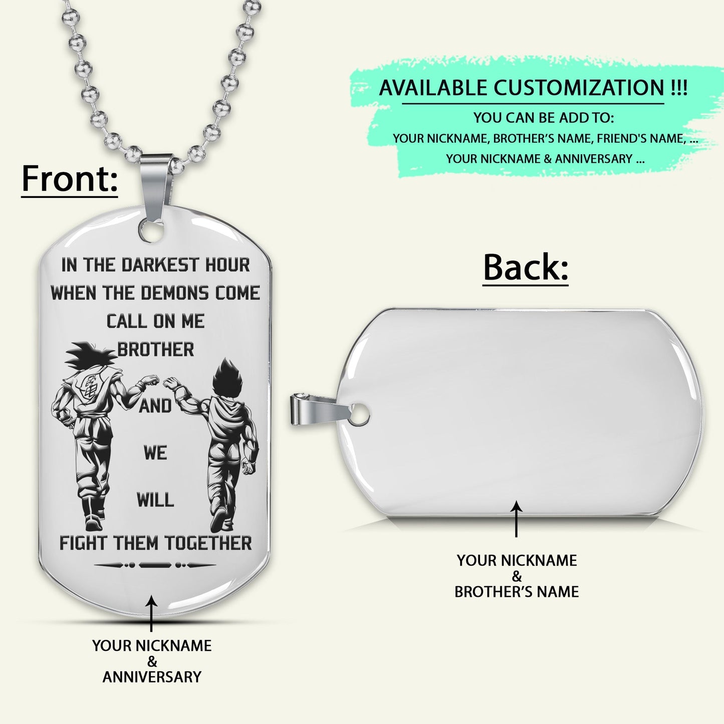 DRD001 - Call On Me Brother - English - Goku - Vegeta - Dragon Ball - Engrave Silver Dog Tag