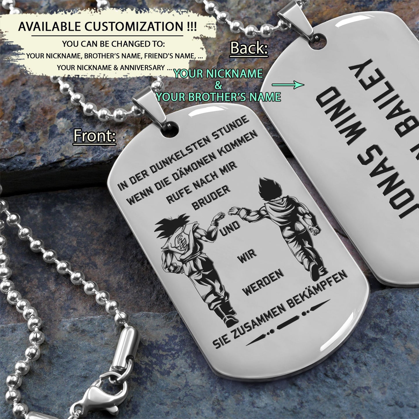 DRD002 - Call On Me Brother - German - Goku - Vegeta - Dragon Ball - Engrave Silver Dog Tag