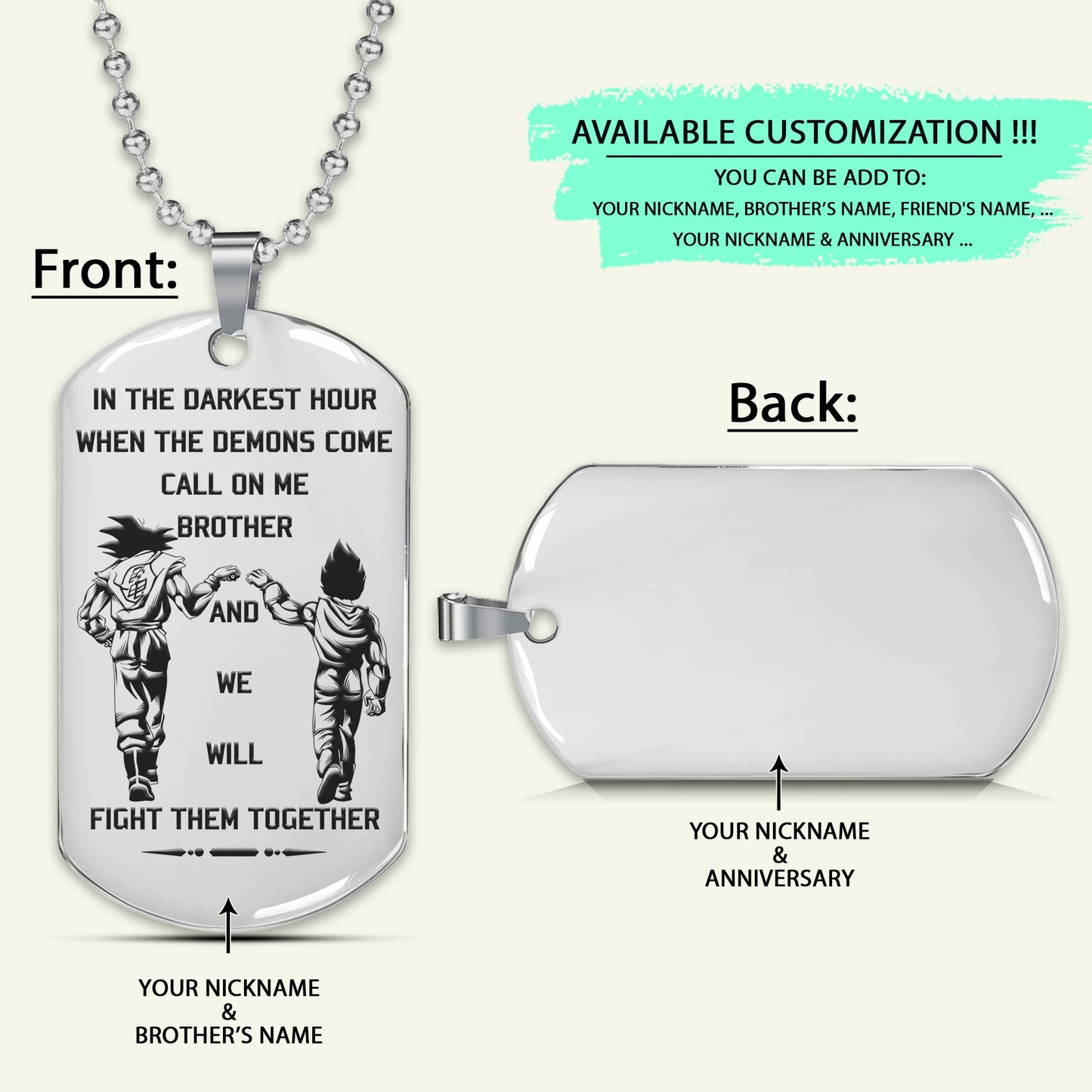 DRD013 - Call On Me Brother - English - Goku - Vegeta - Dragon Ball - Engrave Silver Dog Tag