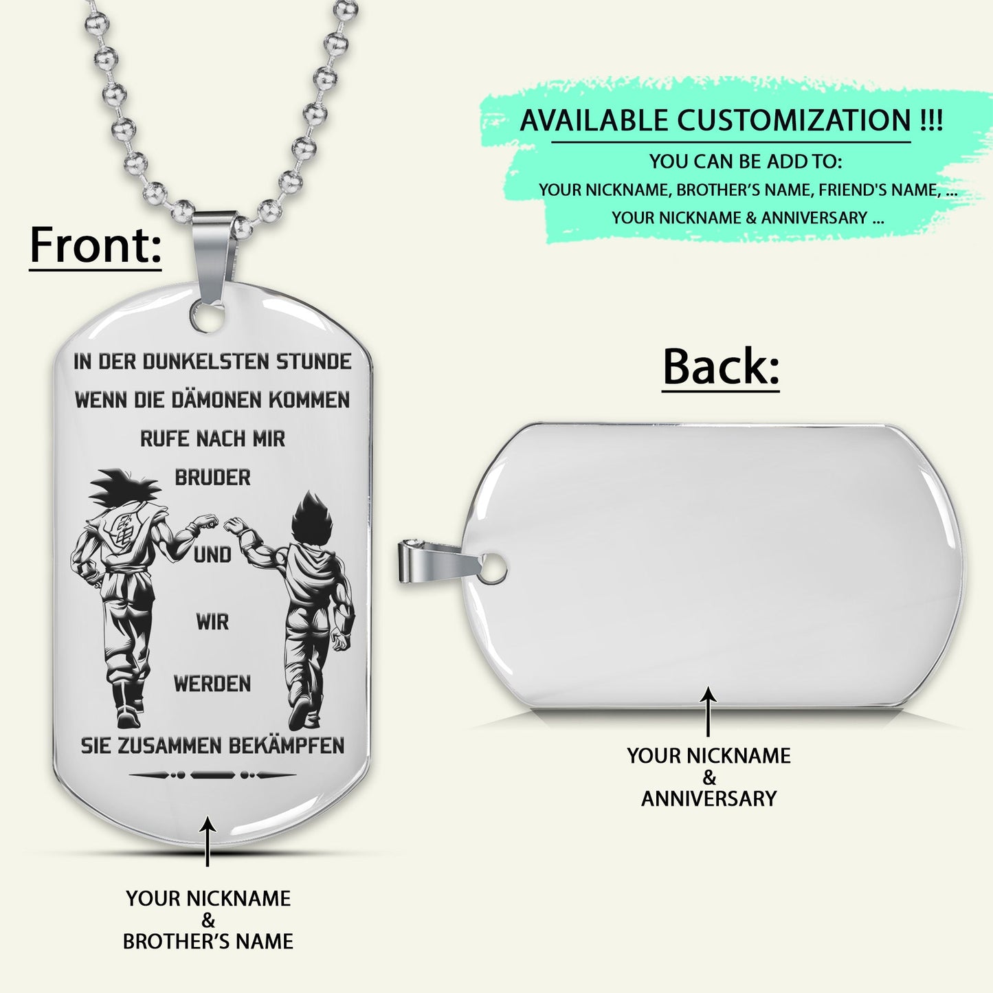 DRD015 - Call On Me Brother - French - Goku - Vegeta - Dragon Ball - Engrave Silver Dog Tag