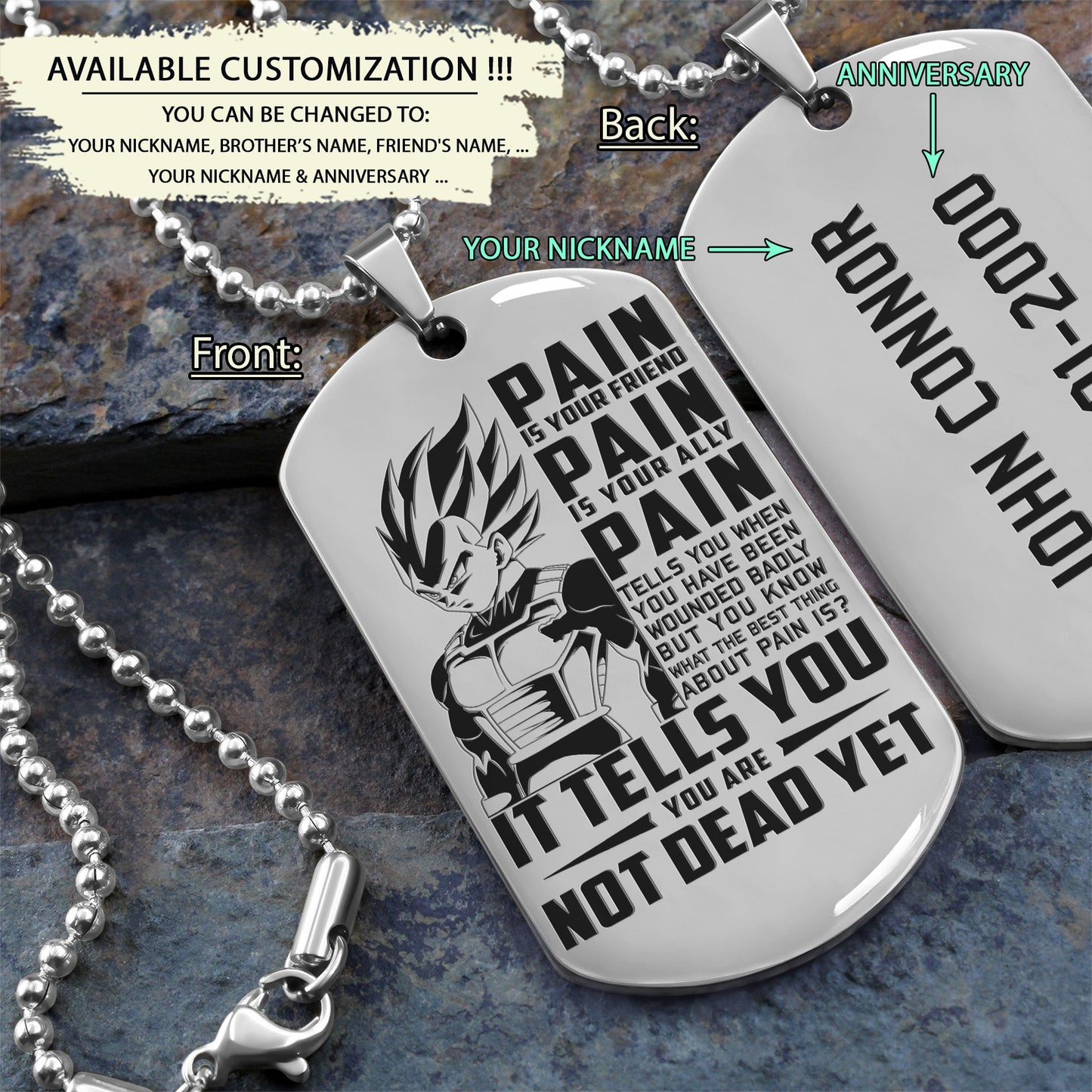 DRD017 - PAIN - You Are Not Dead Yet - Vegeta - Dragon Ball - Engrave Silver Dog Tag