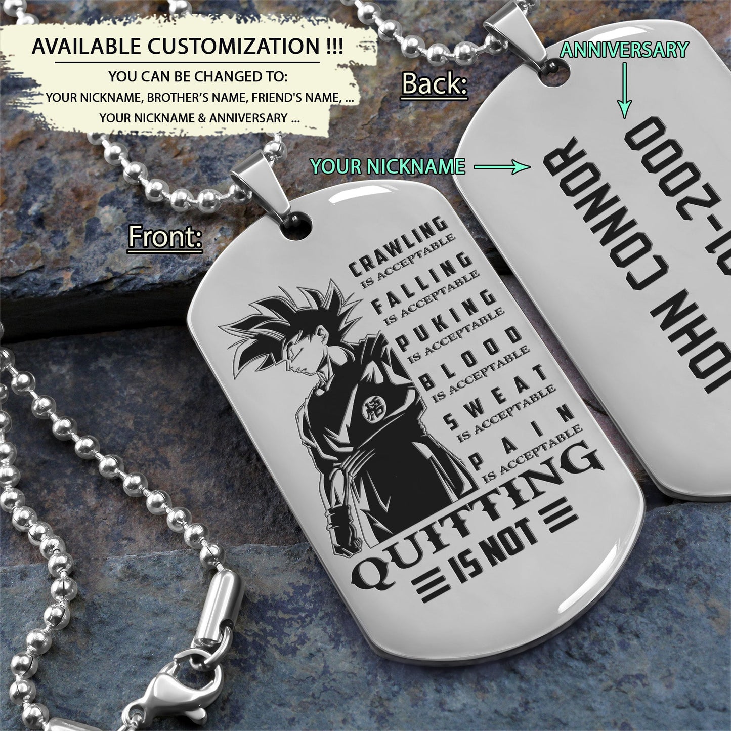 DRD018 - Quitting Is Not - Goku - Dragon Ball - Engrave Silver Dog Tag