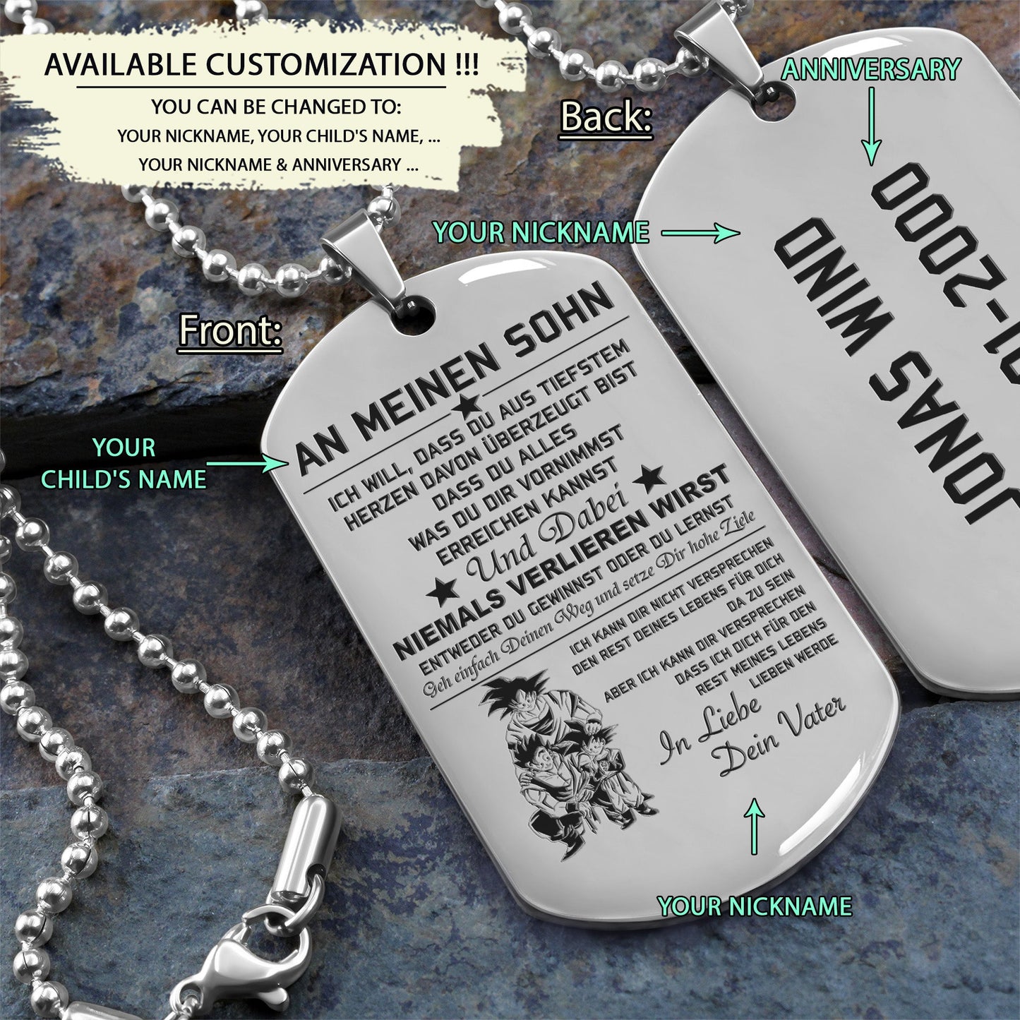DRD021 - To My Son - Never Lose - German - Goku - Gohan - Goten - Dragon Ball - Engrave Silver Dog Tag