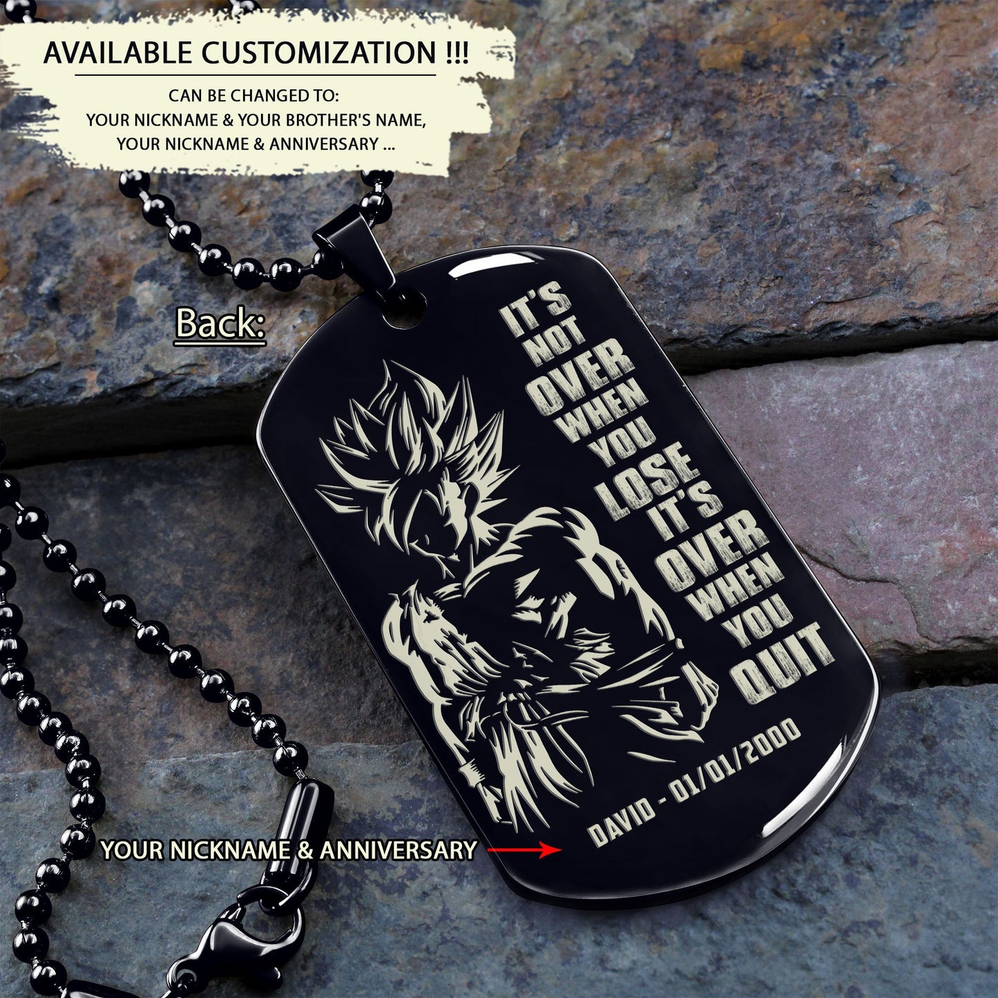 DRD024 - Call On Me Brother - It's Not Over When You Lose - It's Over When You Quit - Goku - Super Saiyan Blue - Dragon Ball Dog Tag - Engrave Double Black Dog Tag