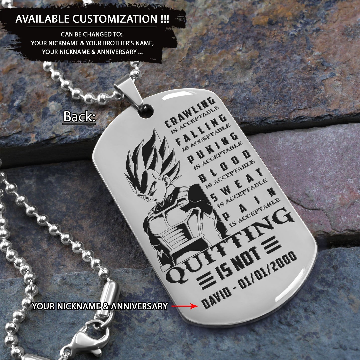 DRD025 - Call On Me Brother - Quitting Is Not - Goku - Vegeta - Dragon Ball - Engrave Double Silver Dog Tag